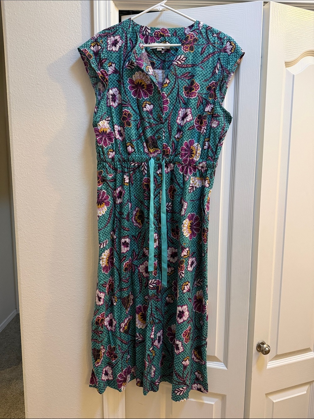 LOFT Green Floral Tie-Waist Midi Dress